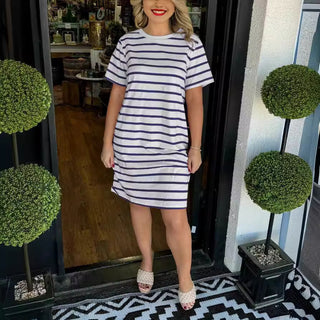 Fashion Striped Round Neck Dress Women Phosgene