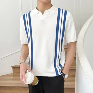 Men's Mixed Color Stripe Slim Lapel T-shirt Phosgene