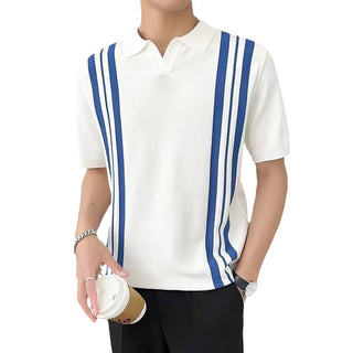 Men's Mixed Color Stripe Slim Lapel T-shirt Phosgene