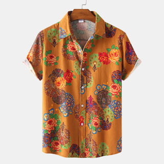 Casual Men's Cotton And Linen Short Sleeve Shirt Hawaiian Short Sleeve Printed Shirt Men Phosgene