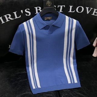 Men's Mixed Color Stripe Slim Lapel T-shirt Phosgene