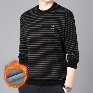 Men's Fashion Velvet Padded Thick Round Neck Striped Sweater Phosgene