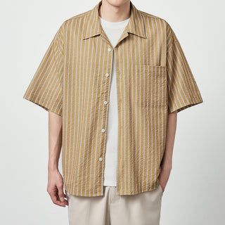 Seersucker Striped Printed Short Sleeve Shirt With Eight-character Collar Phosgene