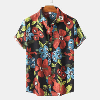 Casual Men's Cotton And Linen Short Sleeve Shirt Hawaiian Short Sleeve Printed Shirt Men Phosgene