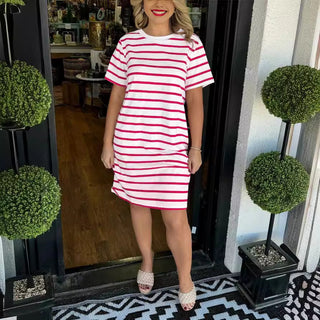 Fashion Striped Round Neck Dress Women Phosgene