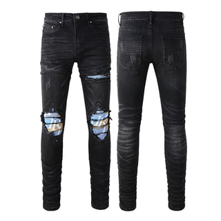 American Street Washing Craft Letter Patch Jeans Men Phosgene