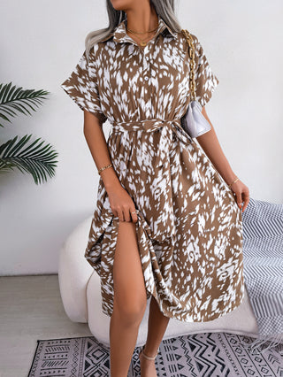 Leisure Loose Leopard Print Lace-up Shirt Dress Phosgene