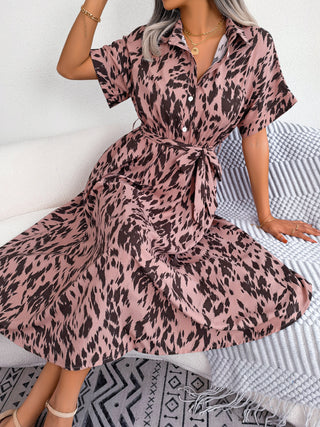 Leisure Loose Leopard Print Lace-up Shirt Dress Phosgene