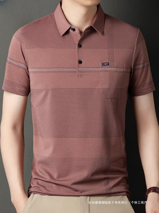 Men's Stripe Belt Lapel Short Sleeve Polo Shirt Phosgene