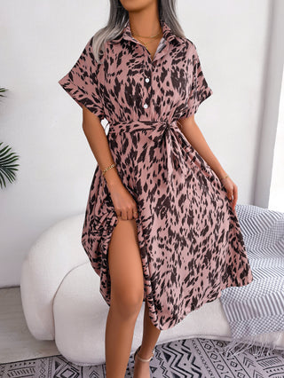 Leisure Loose Leopard Print Lace-up Shirt Dress Phosgene