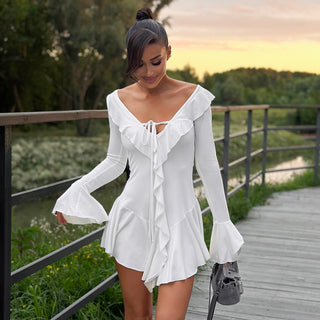 Ruffled Pointed Collar Rope Bell Sleeve Dress Phosgene