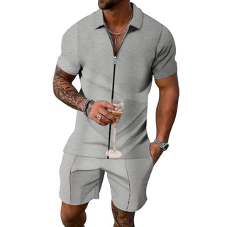 Men's European And American Zipper Short-sleeved Shorts Suit Phosgene