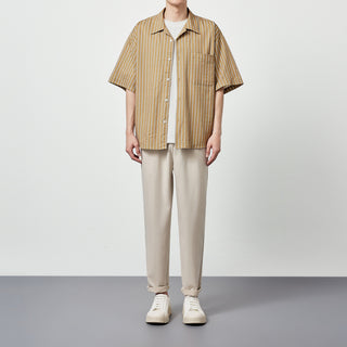 Seersucker Striped Printed Short Sleeve Shirt With Eight-character Collar Phosgene