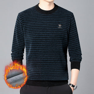 Men's Fashion Velvet Padded Thick Round Neck Striped Sweater Phosgene