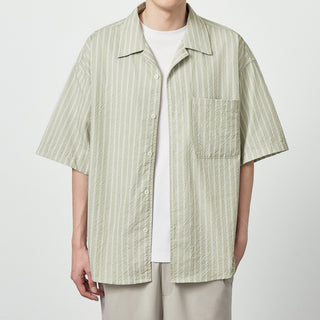 Seersucker Striped Printed Short Sleeve Shirt With Eight-character Collar Phosgene