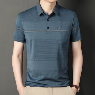 Men's Stripe Belt Lapel Short Sleeve Polo Shirt Phosgene