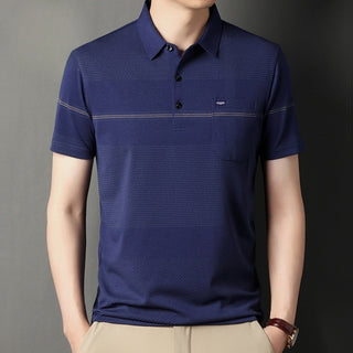 Men's Stripe Belt Lapel Short Sleeve Polo Shirt Phosgene