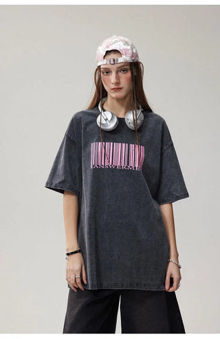 Printed Washed Distressed Round Neck Short Sleeve T-shirt Phosgene