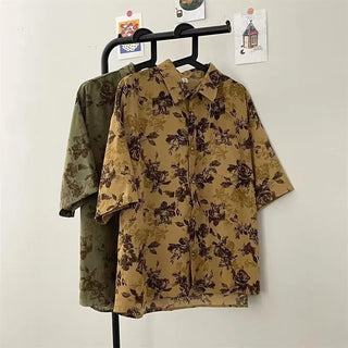 Retro Style Floral Short-sleeved Shirt Women's Niche Hong Kong Style Flower Shirt Top Phosgene