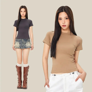 Round Neck Raglan Sleeves T-shirt Female Hot Girl Solid Color Top American Style Phosgene