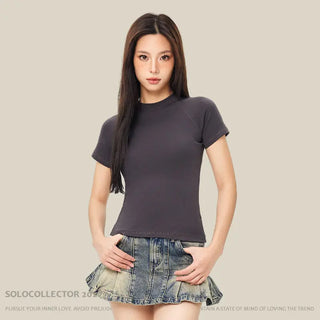 Round Neck Raglan Sleeves T-shirt Female Hot Girl Solid Color Top American Style Phosgene