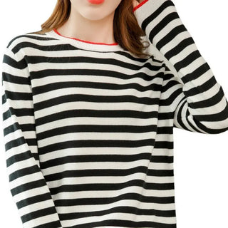 Round Neck Striped Sweater Women's Cotton Long Sleeve T-shirt Navy-striped Shirt Loose Bottoming Shirt Phosgene