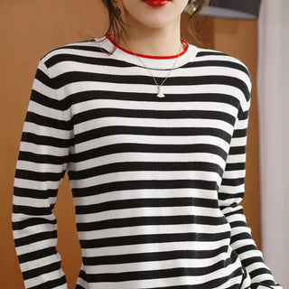 Round Neck Striped Sweater Women's Cotton Long Sleeve T-shirt Navy-striped Shirt Loose Bottoming Shirt Phosgene