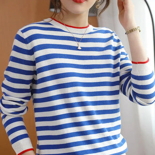 Round Neck Striped Sweater Women's Cotton Long Sleeve T-shirt Navy-striped Shirt Loose Bottoming Shirt Phosgene