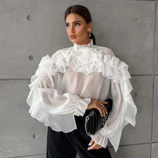 Ruffled Graceful Stand Collar Tencel Shirt Phosgene