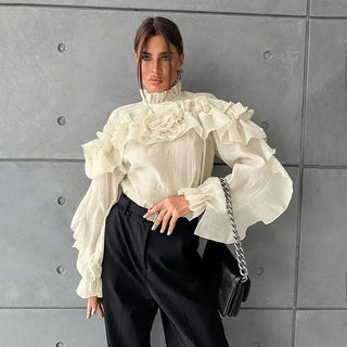 Ruffled Graceful Stand Collar Tencel Shirt Phosgene