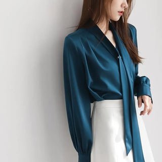 Satin Tie-neck Long Sleeve Shirt Simple All-match Tops Phosgene