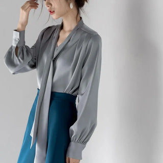 Satin Tie-neck Long Sleeve Shirt Simple All-match Tops Phosgene