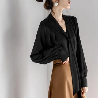 Satin Tie-neck Long Sleeve Shirt Simple All-match Tops Phosgene