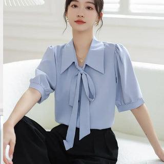 Smoke Blue Short-sleeved Chiffon Shirt Korean Style Ribbon Top Design Sense Phosgene