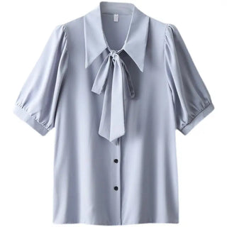 Smoke Blue Short-sleeved Chiffon Shirt Korean Style Ribbon Top Design Sense Phosgene