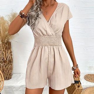 Solid Color Jacquard Striped Blouse Cross Collar Jumpsuit - Phosgene