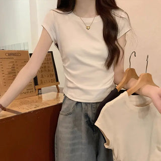 Solid Color Pleated Slim-fit Irregular Design Short Round Neck Top Phosgene