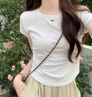 Solid Color Pleated Slim-fit Irregular Design Short Round Neck Top Phosgene