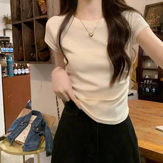 Solid Color Pleated Slim-fit Irregular Design Short Round Neck Top Phosgene