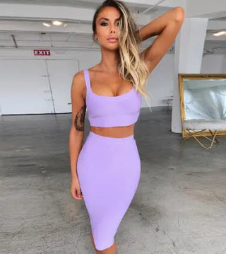 Solid Color Sling U-neck Short Top High Waist Slim Hip Skirt Bandage Skirt Suit Phosgene