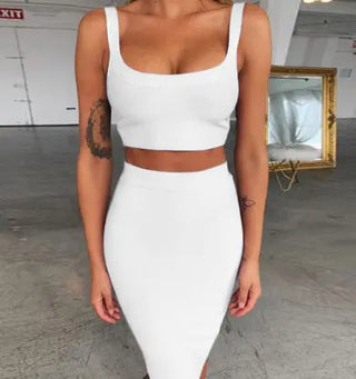 Solid Color Sling U-neck Short Top High Waist Slim Hip Skirt Bandage Skirt Suit Phosgene