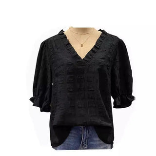 Square Texture Bell Sleeve Shirt V-neck Top Phosgene