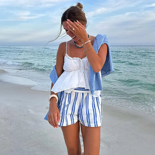 Striped Casual Elastic Pocket Beach Shorts For Women Phosgene