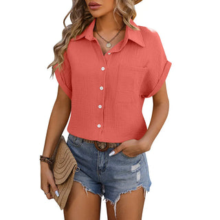 Summer Loose Short Sleeve Pocket Casual Champray Shirt Womens Clothing Phosgene