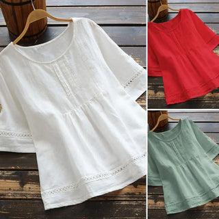 Summer Solid Color Cotton And Linen Top Half Sleeve Phosgene