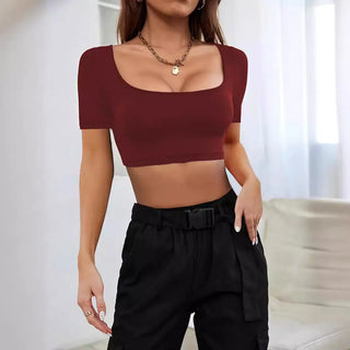 Summer Sports Casual Women's Cropped Knitted High Elastic T-shirt Phosgene