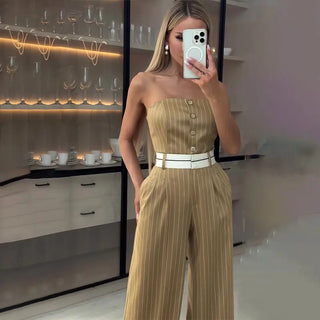 Summer Tube Top High Waist Jumpsuit Off Shoulder Striped Wide-leg Pants Women Phosgene