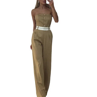 Summer Tube Top High Waist Jumpsuit Off Shoulder Striped Wide-leg Pants Women Phosgene