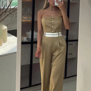 Summer Tube Top High Waist Jumpsuit Off Shoulder Striped Wide-leg Pants Women Phosgene