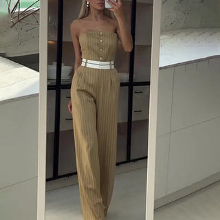 Summer Tube Top High Waist Jumpsuit Off Shoulder Striped Wide-leg Pants Women Phosgene